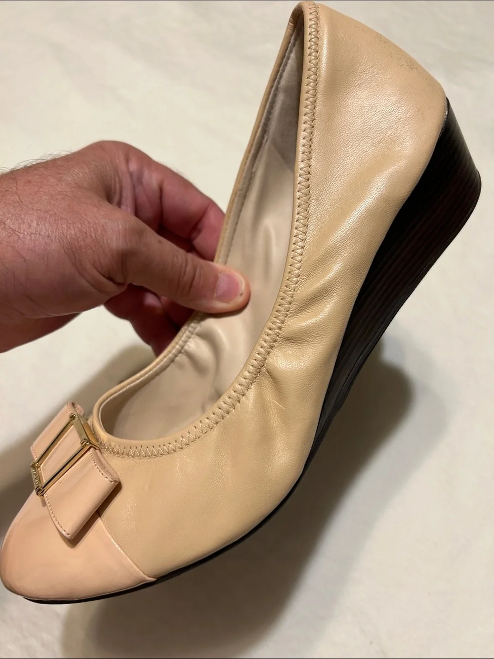 Cole Haan Beige Patent Leather Ballet Flats with Bow Accent